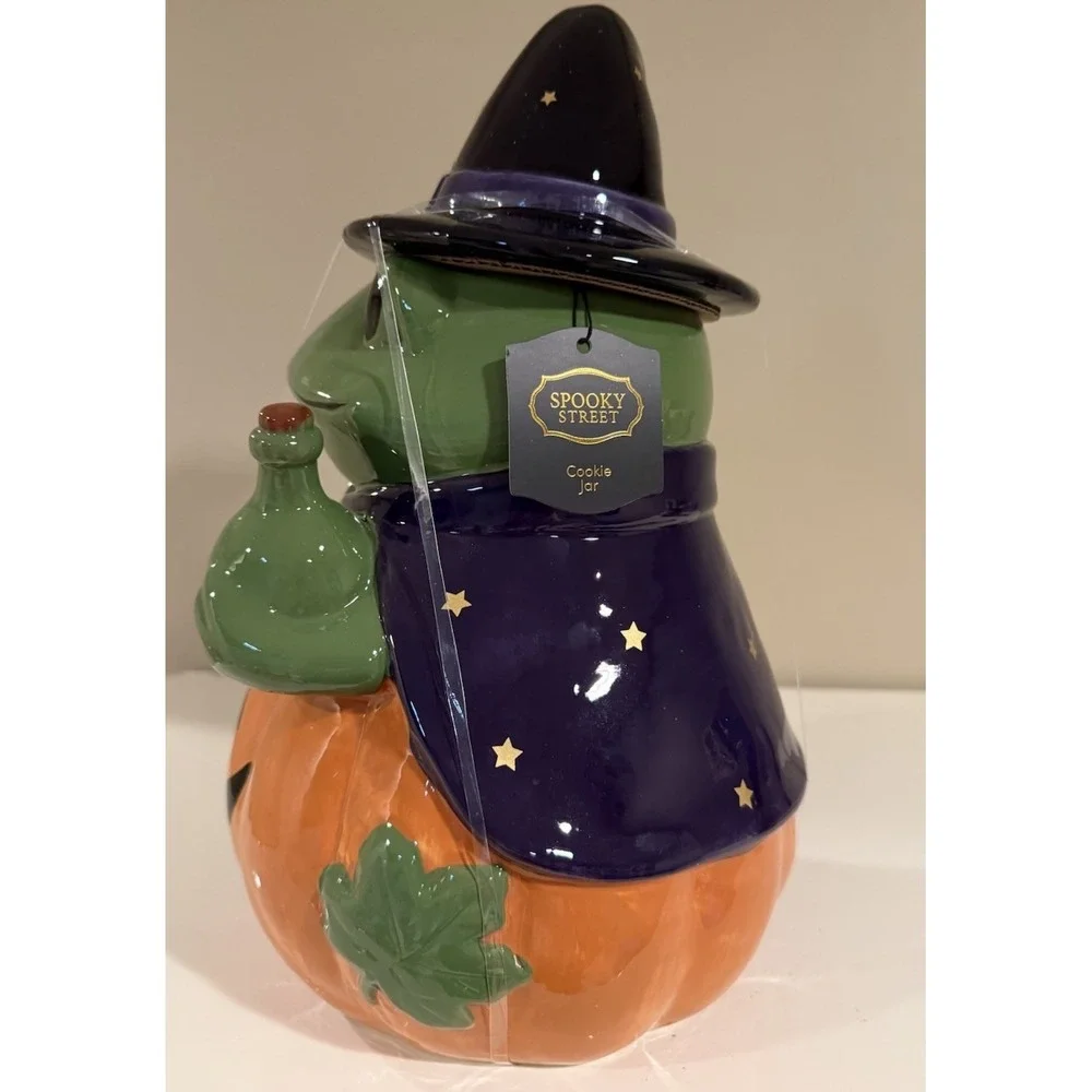 Spooky Street Whimsical Witch Frog With Pumpkin Halloween Ceramic Cookie Jar